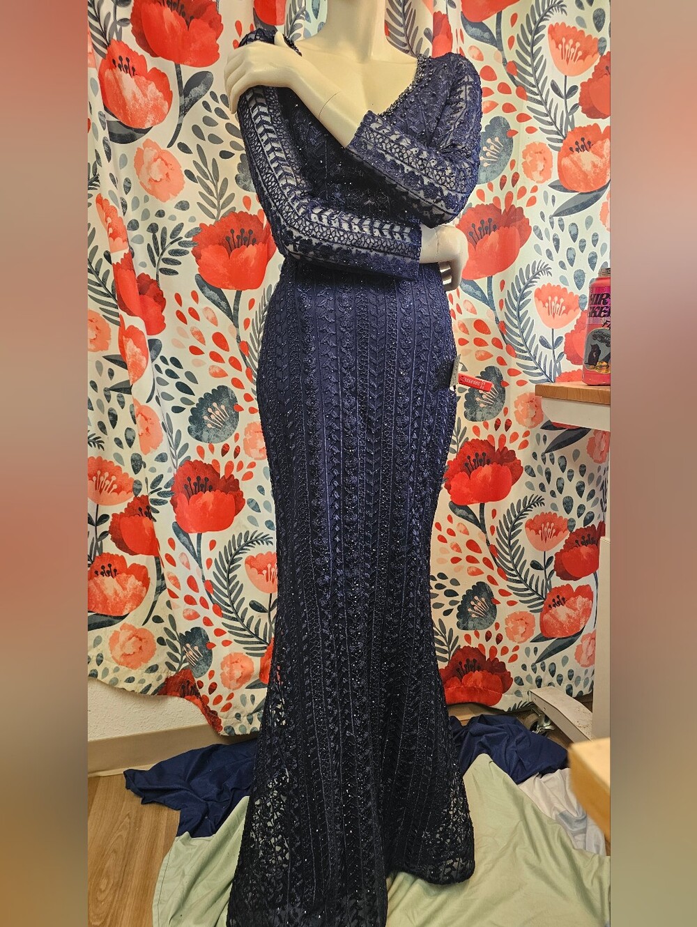 Mac Duggal #20271 Navy Lace Embroidered Beaded Maxi Dress
